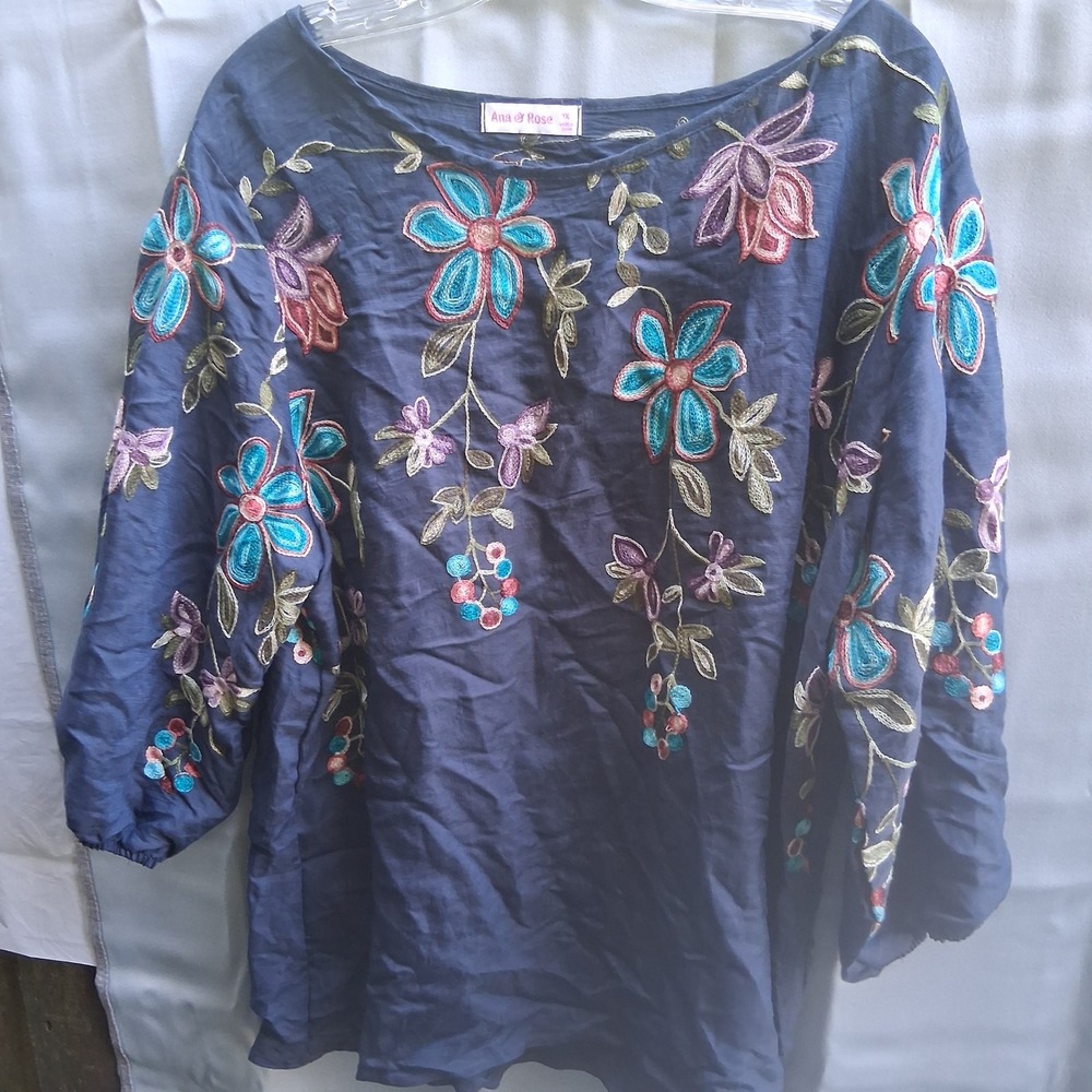 Ana & Rose Embroidered Floral Tunic Top Blouse Navy Blue‎ 1X Womens